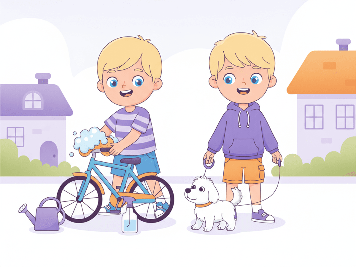 Twee tekenfilm-buurjongens die klusjes doen: de één wast een fiets, de ander laat een hondje uit.